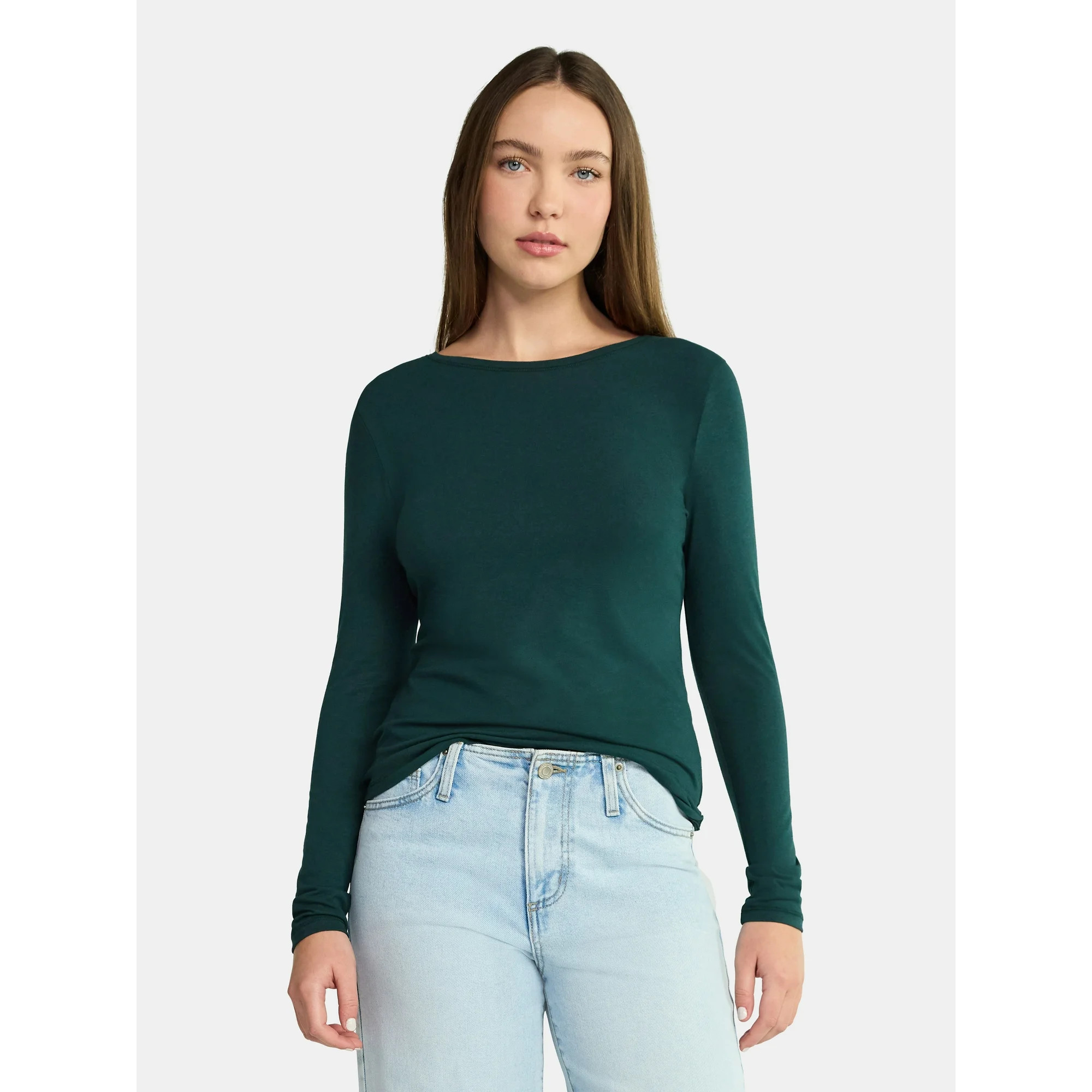 No Boundaries Crewneck Tee with Long Sleeves, Women's & Women's Plus XXS-4X | Walmart (US)