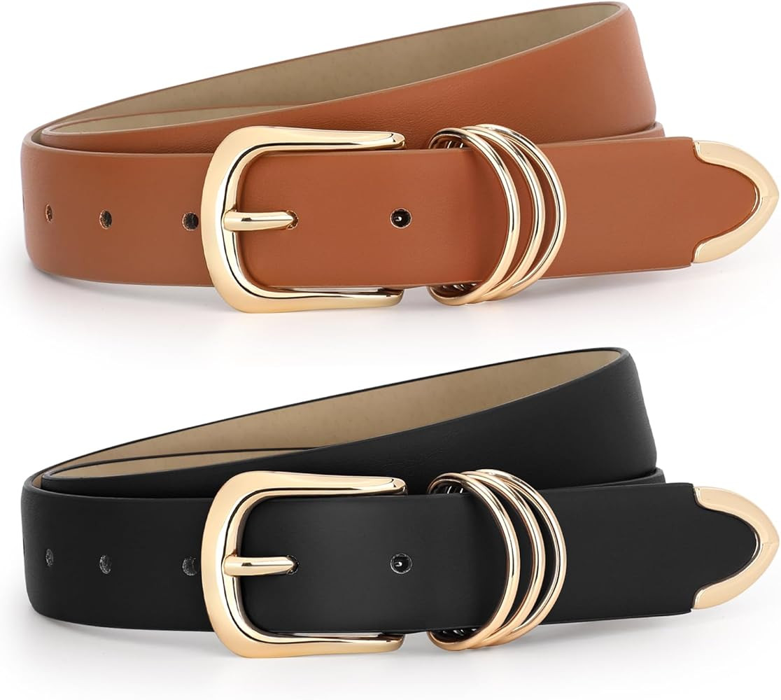 JASGOOD 2 Pack Women Leather Belt for Jeans Pants Dress Fashion Gold Buckle Ladies PU Leather Bel... | Amazon (US)
