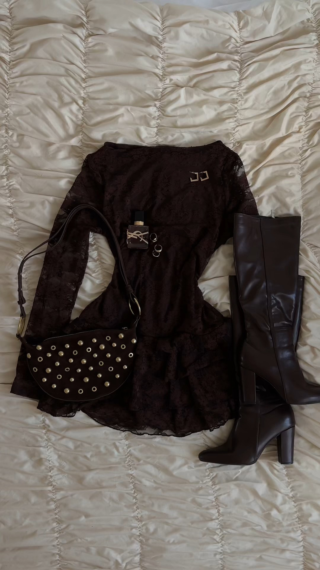 Neutrals winter outfit of the night, girls night, nightlife, long boots, brown, and gold 

#LTKBeauty #LTKootd #LTKTall