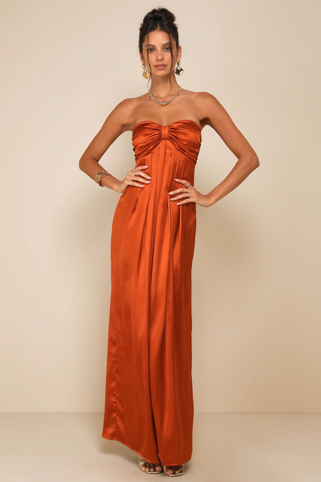 Memorable Entrance Rust Orange Strapless Satin Maxi Dress | Lulus