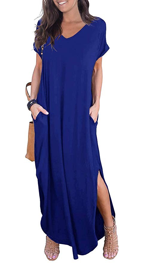 GRECERELLE Women's Casual Loose Pocket Long Dress Short Sleeve Split Maxi Dresses | Amazon (US)