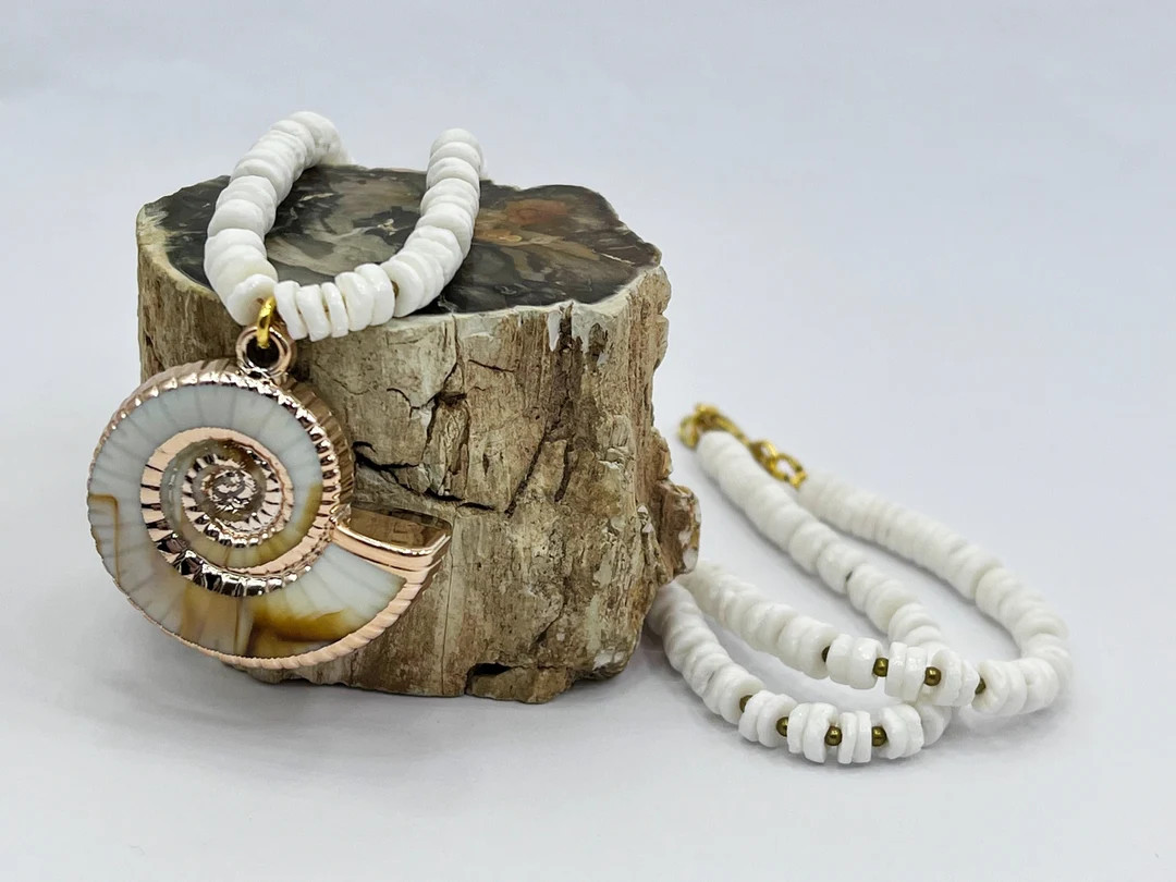 Unique Beaded Sea Shell Necklace with Natural White Sea Shell Beads & Ammonite Shell Pendant | Etsy (US)