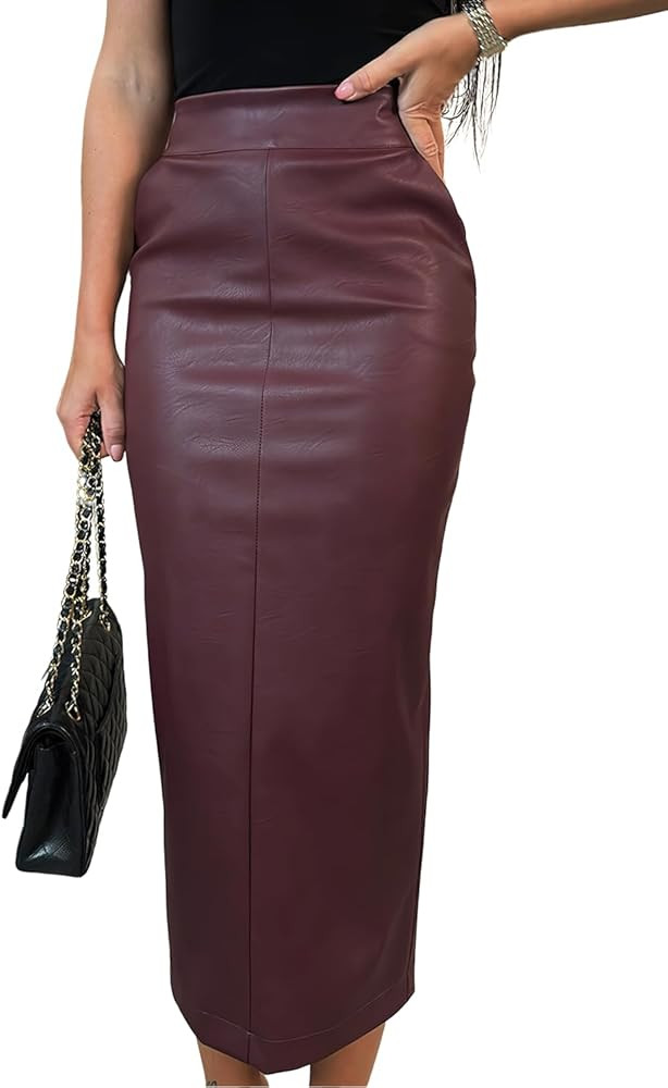 ebossy Women's High Waist Faux Leather PU Skirt Leopard Back Zipper Slit Bodycon Mid Skirts with ... | Amazon (US)