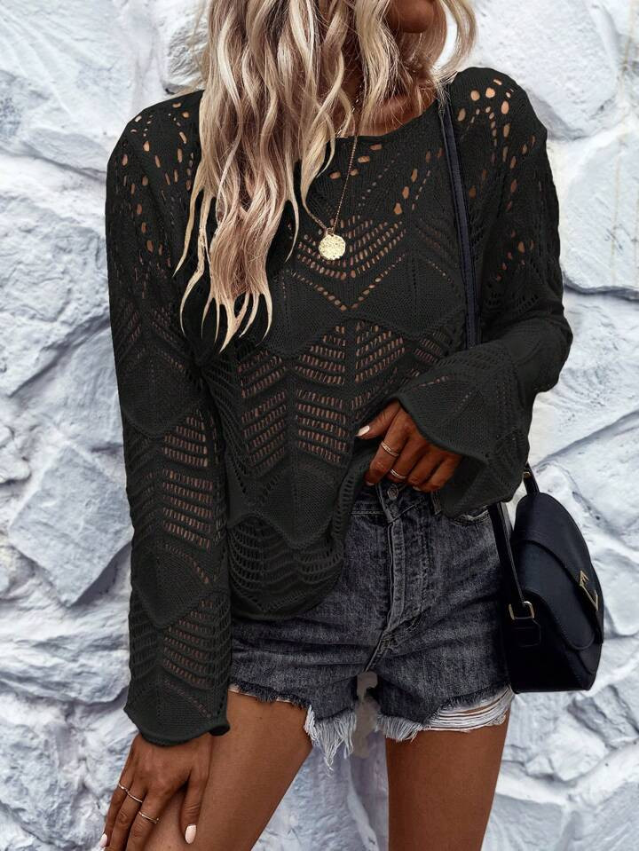 SHEIN LUNE Solid Pointelle Knit Drop Shoulder Sweater | SHEIN