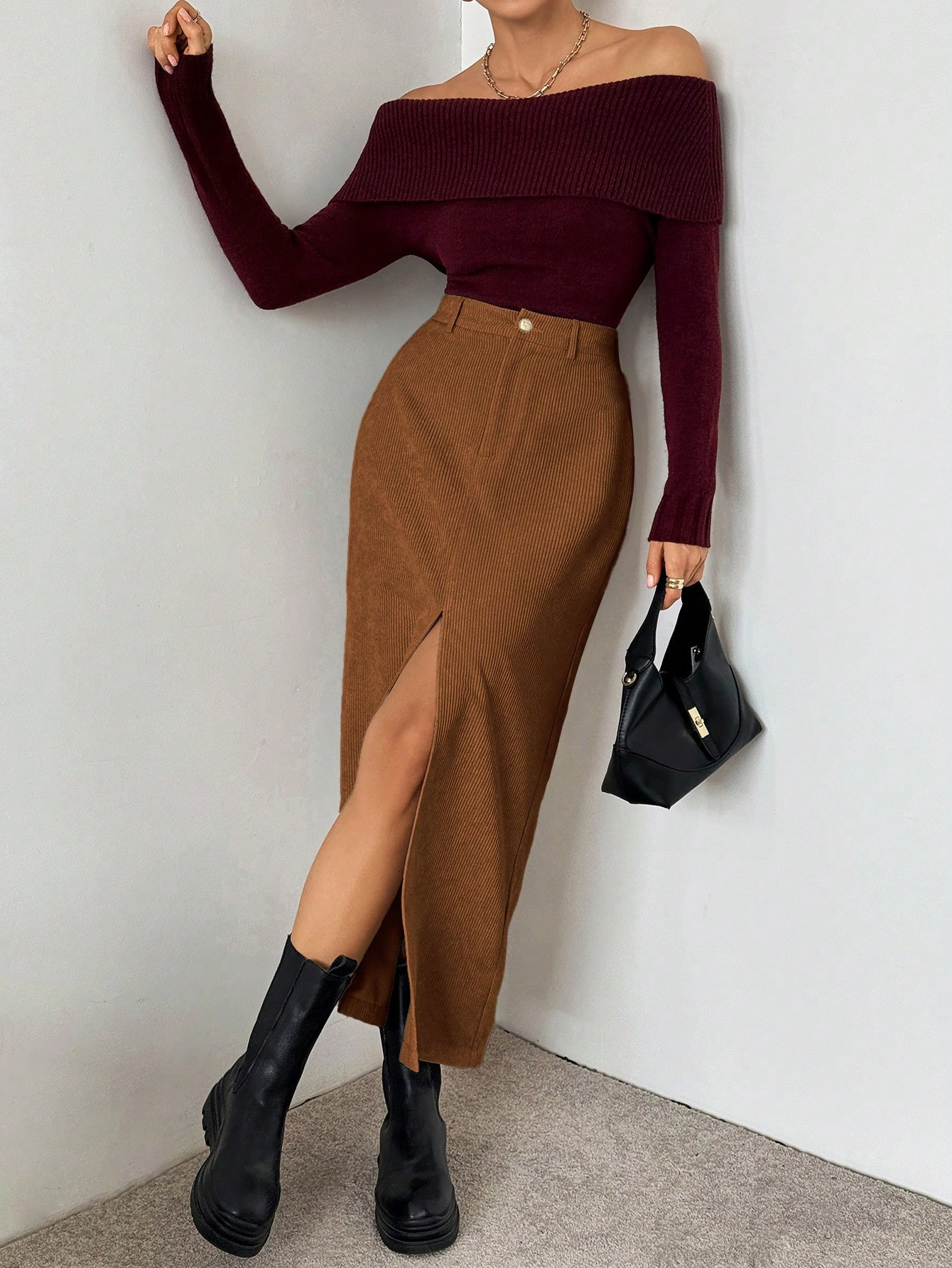 SHEIN Essnce Women Corduroy High Slit Casual Maxi Skirt | SHEIN USA | SHEIN