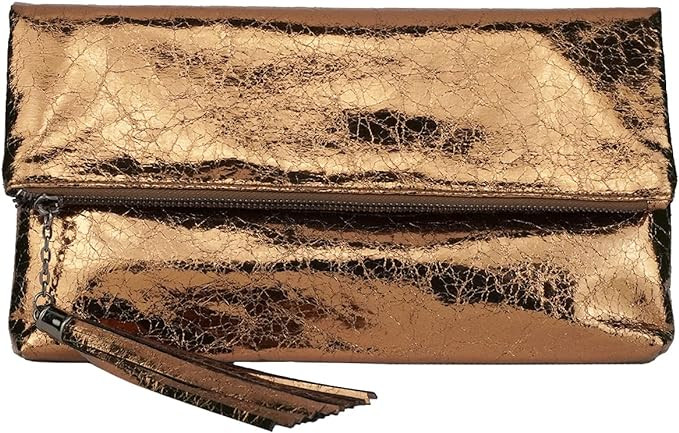 JNB Women's Cracked Metallic Fabric Foldover Clutch with Tassel | Amazon (US)