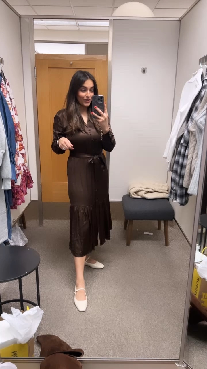 Fell in love with this brown satin dress today!! 

Dress: It’s so classy and elegant. The color is moss and I’m wearing a size small! It has full front button closure and a removable tie belt. 

Shoes: I bought these immediately when I tired them on! I’m wearing the color ivory vanilla in a size 7.5 (I sized down half a size) They are very comfortable and under $60. Such a great shoe to add to your closet and it really can be dressed up or down! 

#LTKShoeCrush #LTKStyleTip #LTKxNSale