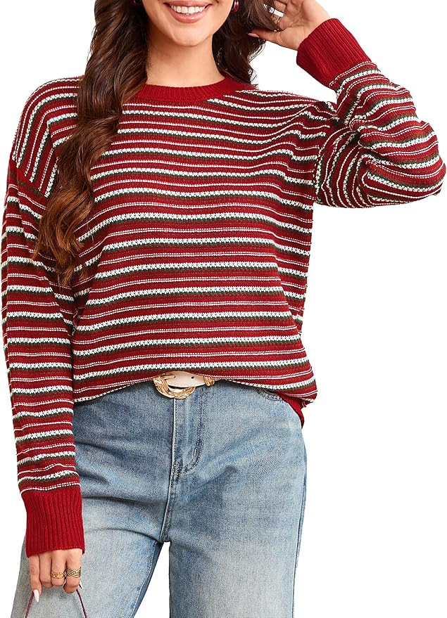 Glamaker Womens Sweaters Striped 2025 Fall Trendy Casual Long Sleeve Sweater Knit Jumper Tops Out... | Amazon (US)