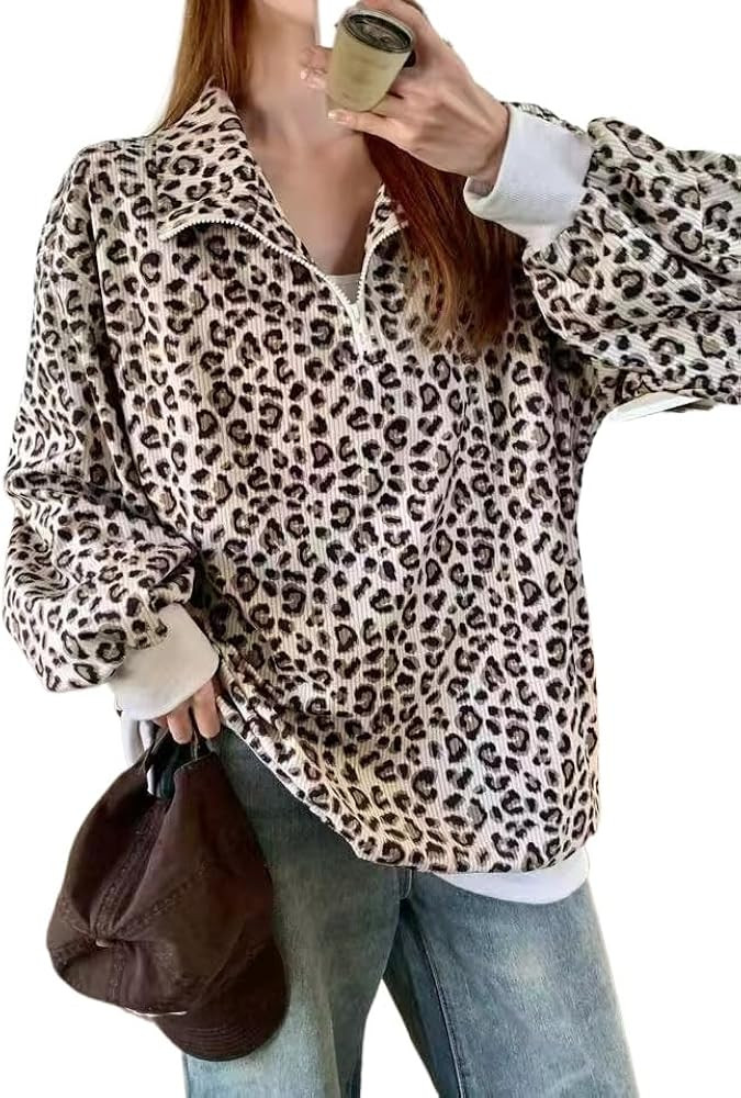 Leopard Sweatshirt Quarter Zip Long Sleeve Oversized Pullover Cheetah Top vintage casual half zip... | Amazon (US)
