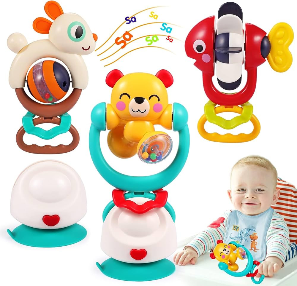 Baby Toys 6-12 Months Infant Toys Set of 3 High Chair Suction Cup Rattle Teething Toys for Baby 6... | Amazon (US)