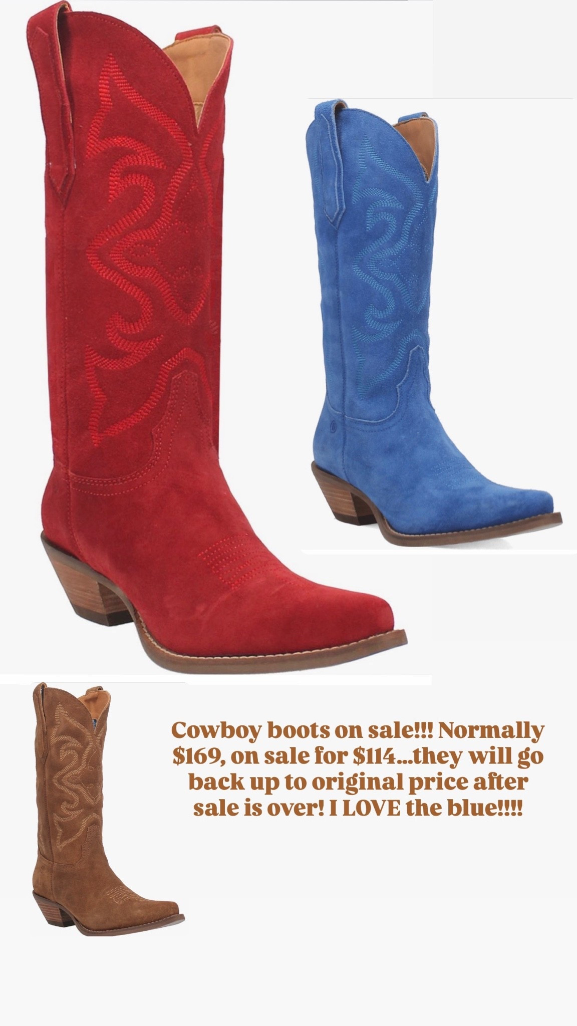 Cowboy boots on sale!!! Normally $169, on sale for $114…they will go back up to original price after sale is over! I LOVE the blue!!!!

Dingo
Colorful
Western
Fall

#LTKSaleAlert #LTKU #LTKSeasonal