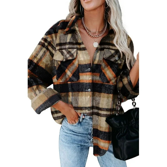 KISSMODA Plaid Button Down Jacket Womens Long Sleeve Flannel Jacket Shacket Fashion Outwear Tops | Walmart (US)