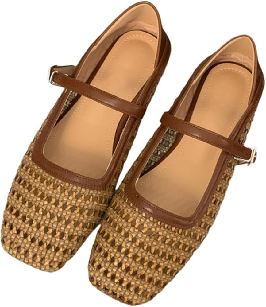 Women's Hollowed Out Straw Boho Ballet Flats Low Heel Mary Jane Ballet Flats Square Toe | Amazon (US)