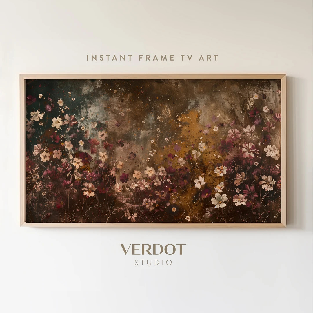 Dark Flowers Frame TV Art, Rustic Summer Tv Art, Vintage Style Wildflowers Painting, Burgundy Moo... | Etsy (US)