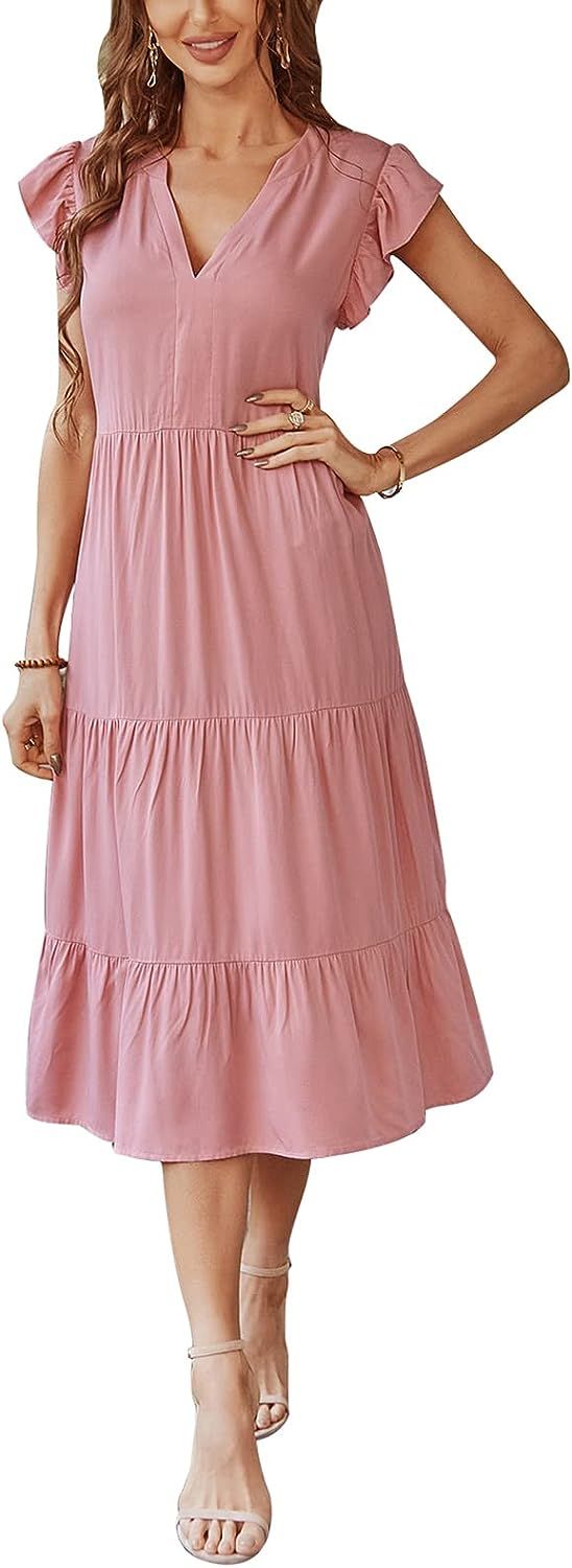 Adibosy Women Summer Casual V Neck Midi Dress Wrap Flutter Sleeve Boho Dress Flowy Swing Ruffle T... | Amazon (US)