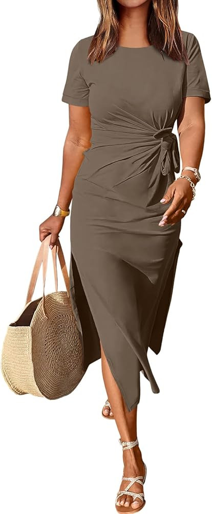 ANRABESS Women's 2026 Summer Maxi Tshirt Dress Short Sleeve Crewneck Tie Waist Casual Slim Fit Sl... | Amazon (US)