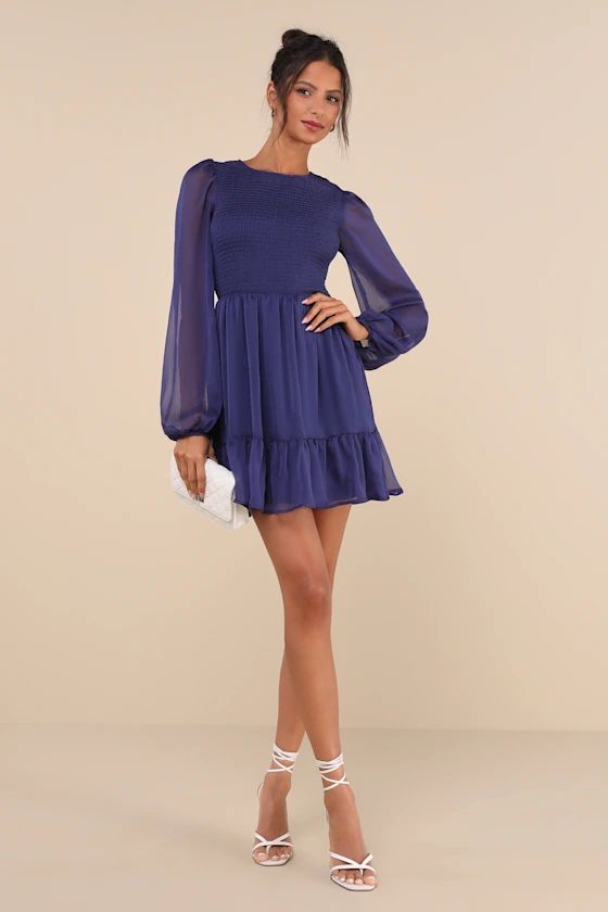 Dark Blue Long Sleeve Smocked Mini Dress | Blue Wedding Guest Dress Fall | Lulus