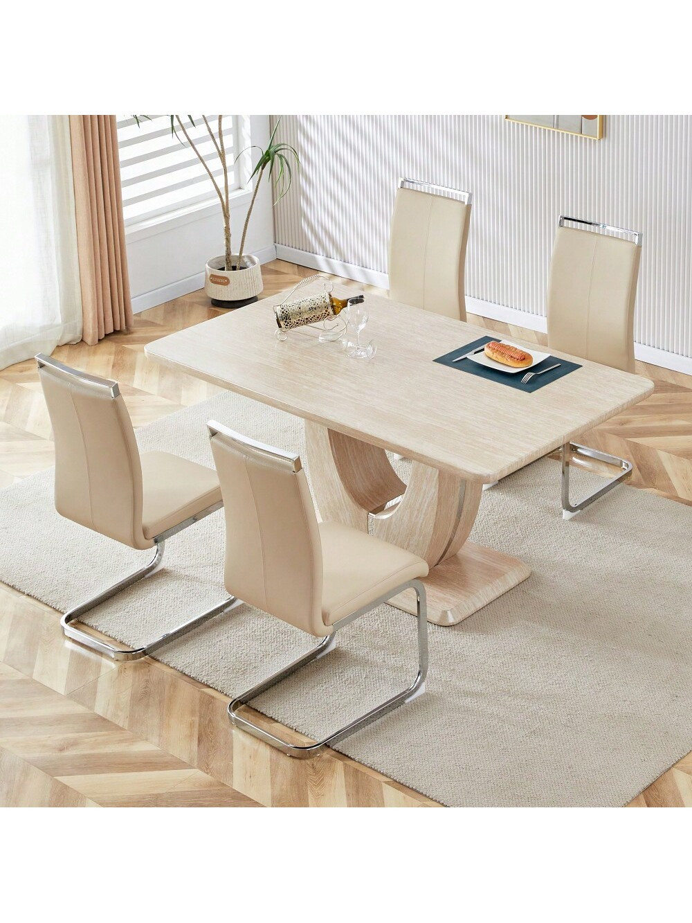Table And Chair Set.Modern Minimalist Luxury Rectangular Dining Table With Light Yellow Textured ... | SHEIN