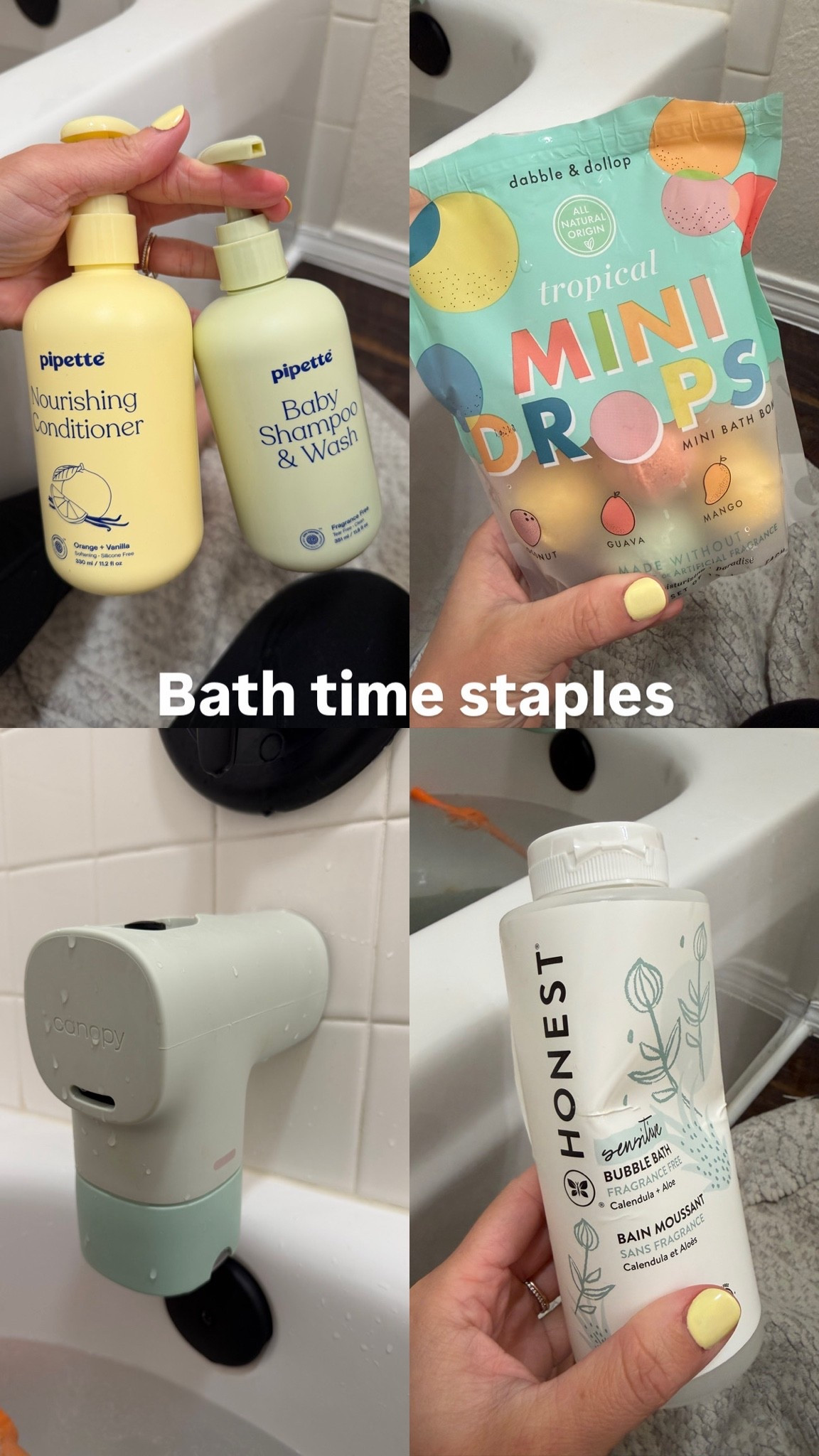 Toddler and baby bath tub product staples. Bath tub baby favorites for eczema or sensitive skin. Clean bath products. Low tox baby bath products. Toddler shampoo and conditioner. Canopy bath tub hard water filter to help with eczema. Fragrance free soap for kids bath.

#LTKBaby #LTKKids