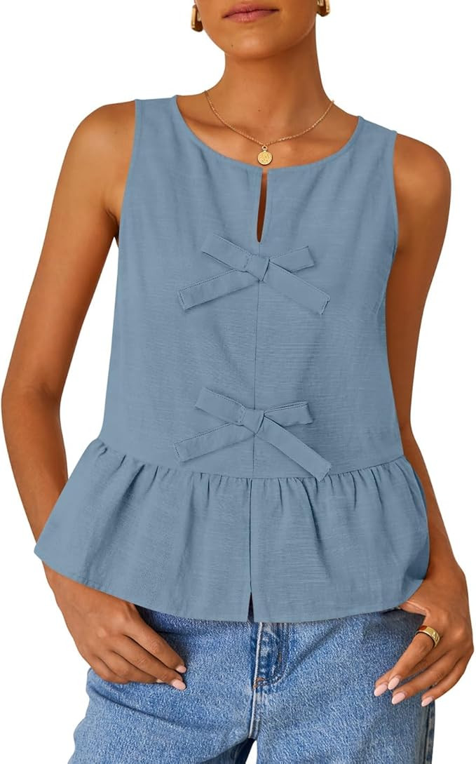 ZESICA Women's Summer Sleeveless Peplum Tank Tops 2026 Tie Front Crewneck Loose Flowy Ruffle Baby... | Amazon (US)