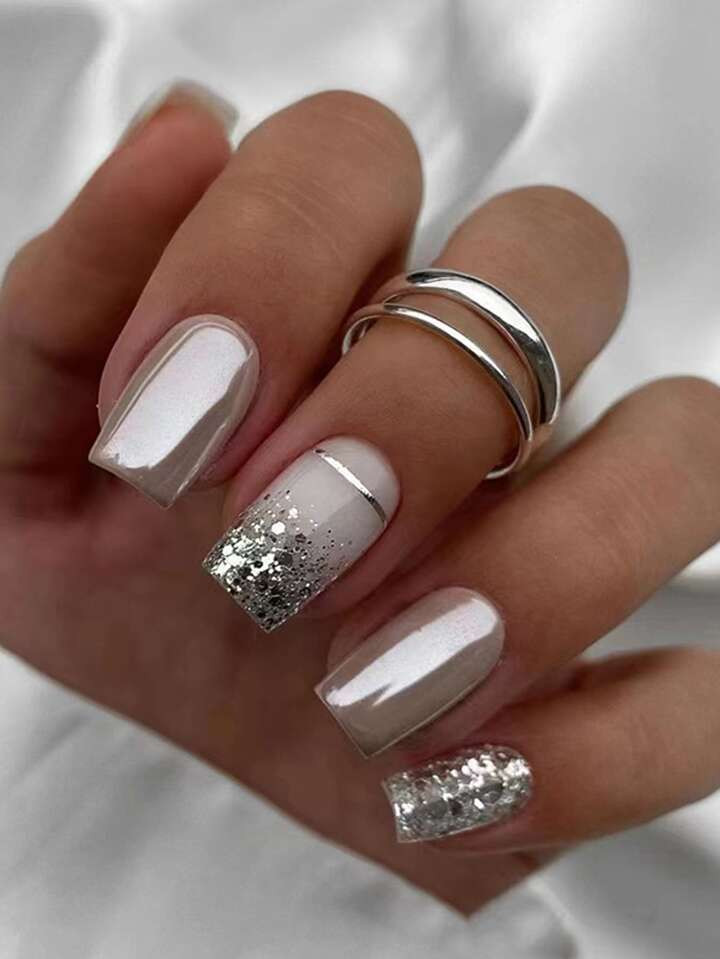 24pcs Silver Glitter Square Short False Nails With Jelly Gel, 1pc Nail File And 1pc Application S... | SHEIN