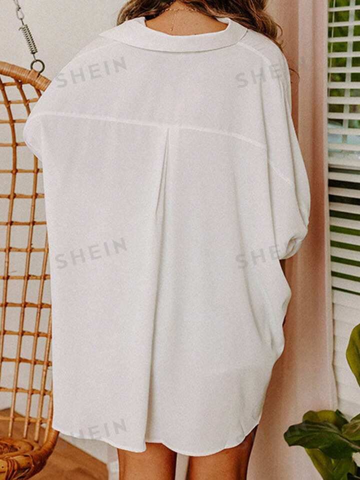Astylish Solid White 3/4 Puff Sleeve Oversize Button Down Shirt | SHEIN