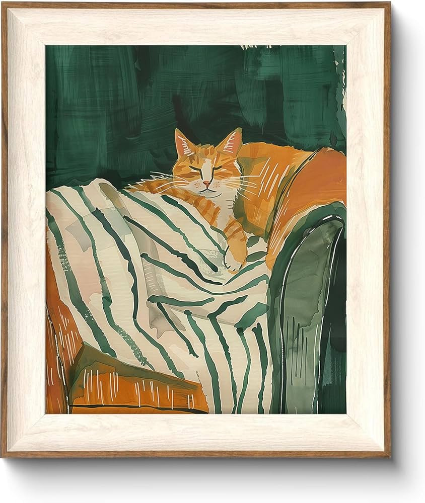 ASTRDECOR Minimalist Framed Wall Art - Cozy Cat Sleeping on Couch with Vintage Green & White Stri... | Amazon (US)