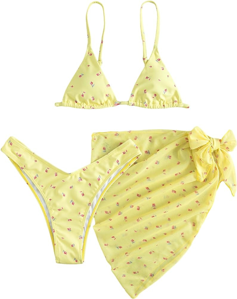 COZYEASE Women's 3 Piece Swimsuit Floral Triangle High Waisted Bikini Cute Bathing Suit with Saro... | Amazon (US)