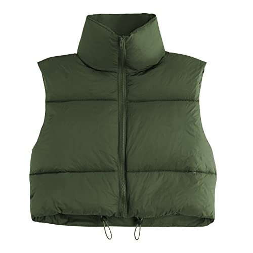 Century Star Cropped Puffer Vest Women Jacket Coat Trendy Fashion Zipper High Neck Sleeveless Winter Warm Lightweight Olive Green Medium | Amazon (US)