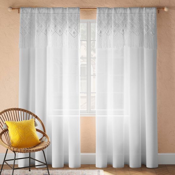 Macrame Attached Valence Sheer Curtain Panel White - Opalhouse™ | Target