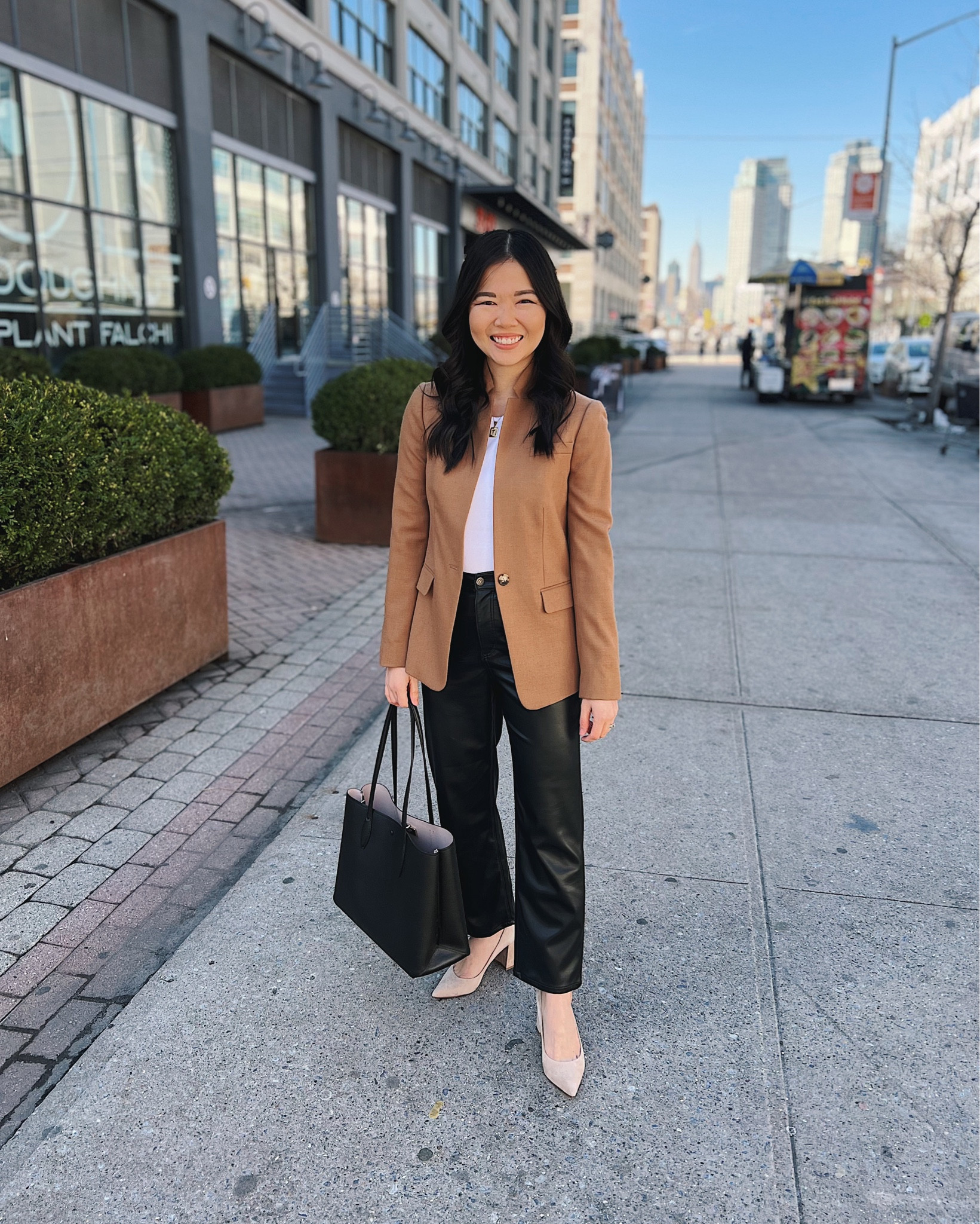 Camel blazer (0P)
J.Crew Regent blazer
White T-shirt  (XS)
Black faux leather pants (27P)
Black tote bag 
Beige pumps 
Business casual outfit 
Smart casual outfit 
Neutral work outfit
Neutral outfit 

#LTKSeasonal #LTKfindsunder100 #LTKworkwear