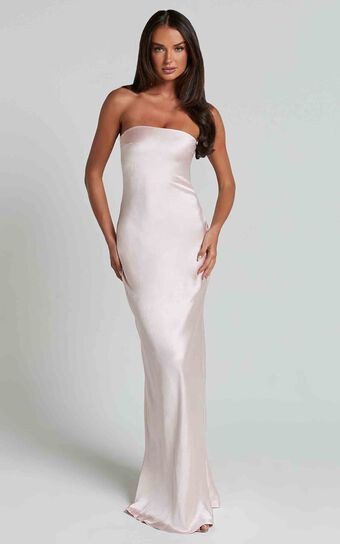Charlita Maxi Dress - Strapless Cowl Back Satin Dress in Pale Pink | Showpo (ANZ)