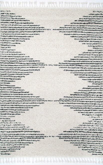 Off White Moroccan Diamond Pinstripes Tassel Temara Area Rug | Rugs USA