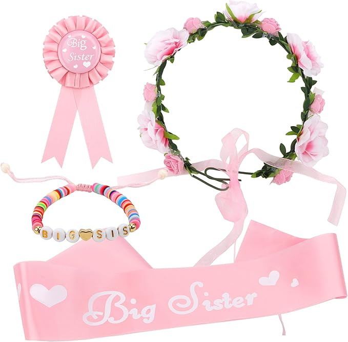 Chanaco 4Pcs Big Sister Set Flower Crown Bracelet Sash and Badge Pin Big Sister to Be Pink Access... | Amazon (US)