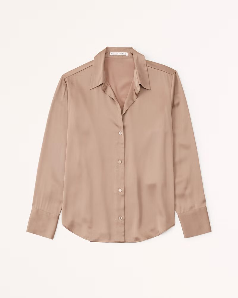 Abercrombie & Fitch Women's Long-Sleeve Satin Button-Up Shirt in Brown - Size M | Abercrombie & Fitch (US)