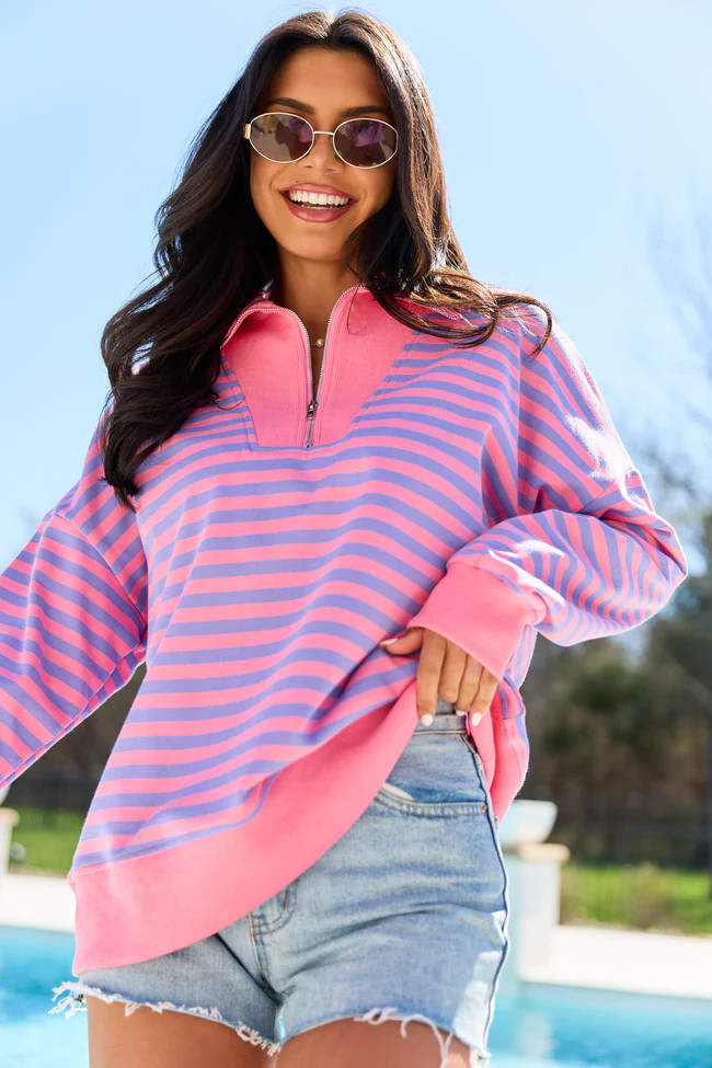 Keep It Easy Purple And Pink Striped Quarter Zip Pullover | Pink Lily