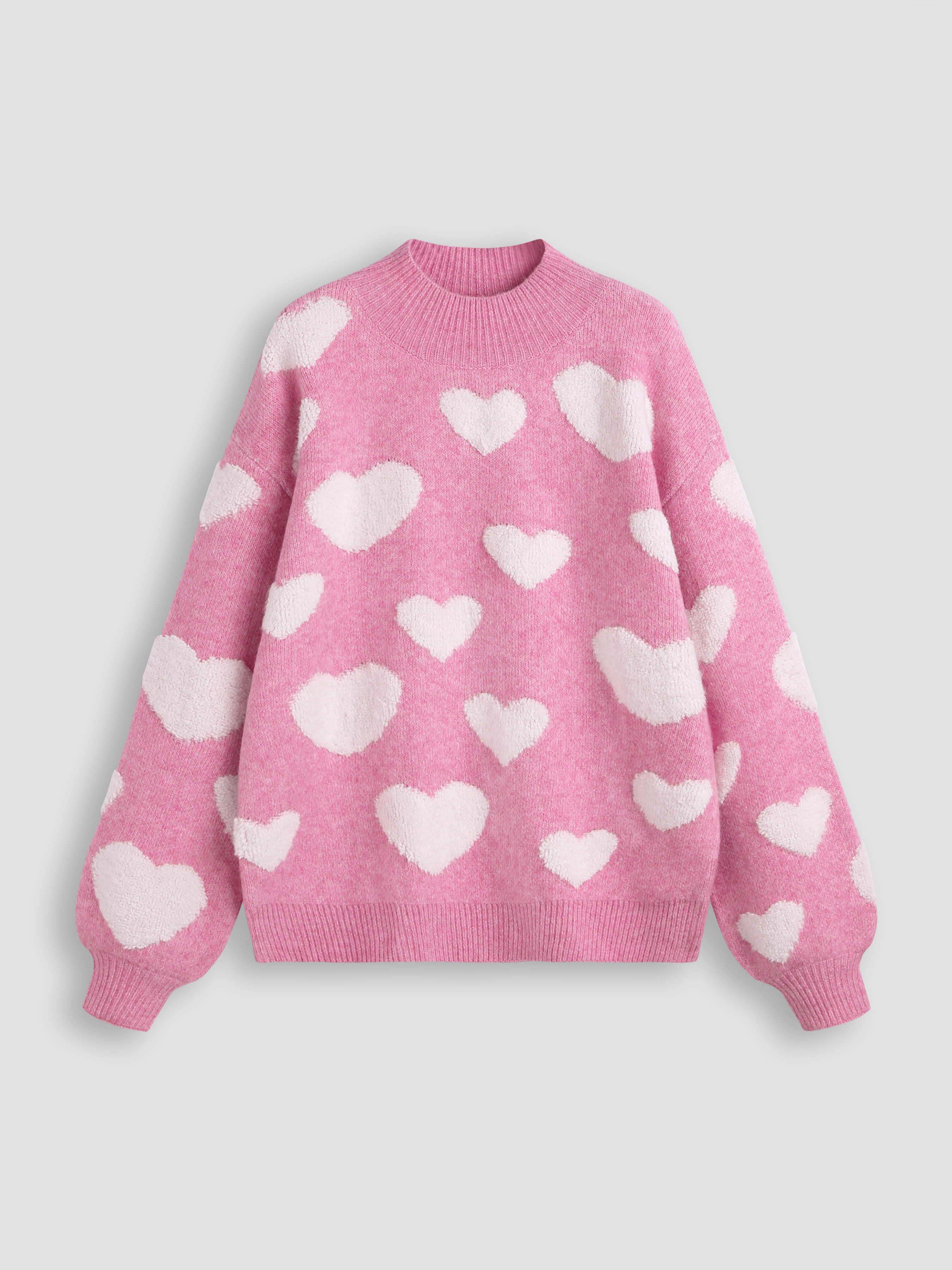 Knit Fabric Round Neck Heart Knitted Lantern Sleeve Top For School Daily Casual | Cider