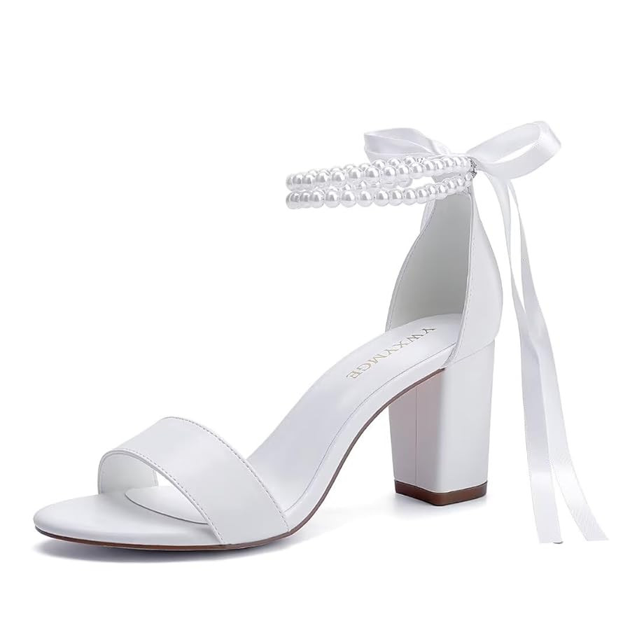 Block Heel Wedding Shoes for Bride Women Chunky Heeled Sandals Pearl Bridal Shoes | Amazon (US)