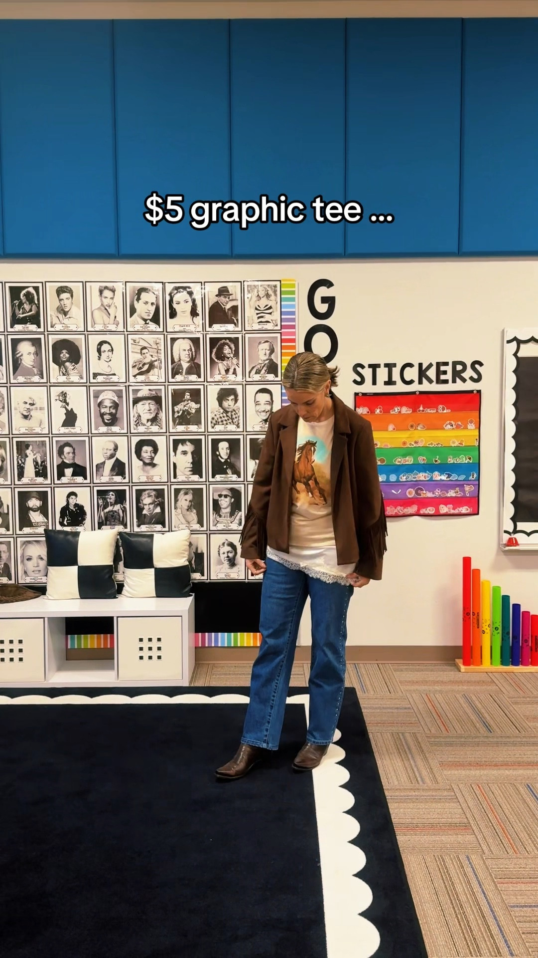 The details did all the work today 🤎 

Layered one of my favorite graphic tees over a lace cami, added a cropped fringe jacket, straight-leg denim, and brown boots for a western-inspired look that still feels wearable for a school day.

 It’s proof that accessories, texture, and layers can completely transform basics. ✨

#LTKStyle #TeacherStyle #WesternInspired #EverydayOutfit #StyledLook

#LTKootd #LTKWorkwear