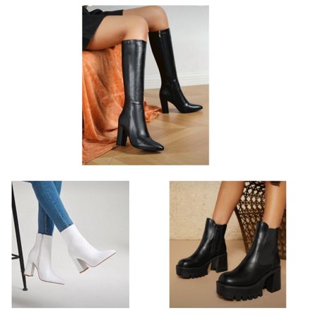 Winter boots 
Black knee high boots with heel
White pointed toe booties 
Black lug sole platform boots block heel 
Winter outfit
Boots
Christmas party 
Office work party 
Christmas outfit 
New Year’s Eve outfit 
#LTKHoliday 

#LTKshoecrush #LTKstyletip #LTKsalealert