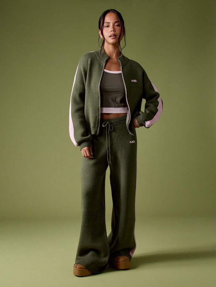 MISSGUIDED Knitted Wide Leg Trouser With Embroidery And Stripe Detail For Casual Comfort | SHEIN