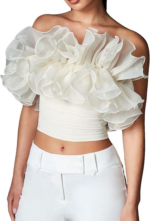 OYOANGLE Women's Off Shoulder Ruffle Trim Ruched Crop Tube Top Party Going Out Tops Apricot X-Sma... | Amazon (US)