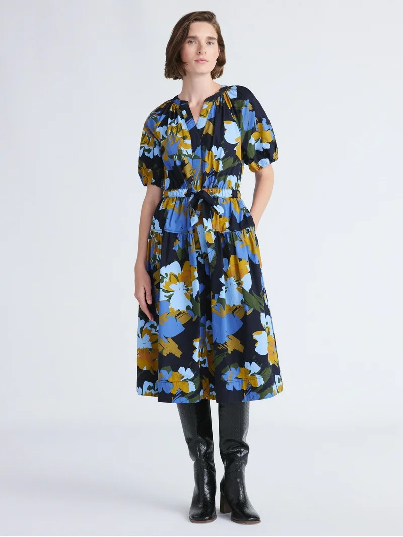Free Assembly Women's and Women's Plus Cotton Midi Dress with Puff Sleeves, Sizes XS-4X | Walmart (US)