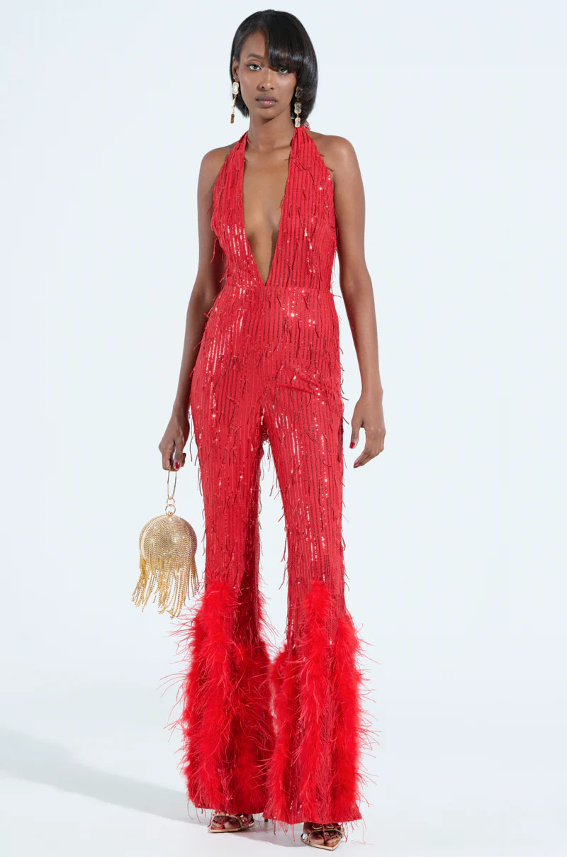 SHE'S SO CANDID MESH FEATHER EMBELLISHED JUMPSUIT | AKIRA