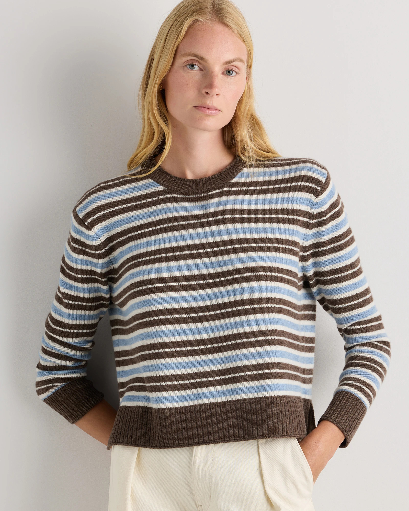 Quince | Women's Mongolian Cashmere Boxy Crewneck Sweater in Faded Denim/Brown/Ivory Variegated Stripe, Size Medium | Quince