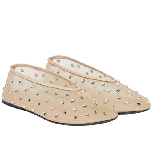 MICIFA Mesh Ballet Flats for Women Crystal Rhinestone Flat Shoes Round Toe Sparkly Ballerina Shoes Low Heel Glitter Casual Wedding Dress Mary Jane Flats Apricot | Amazon (US)