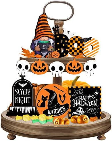 10 Pcs Halloween Tiered Tray Decorations Halloween Wooden Signs Decor with Boo Witch Hat, Cute Gn... | Amazon (US)