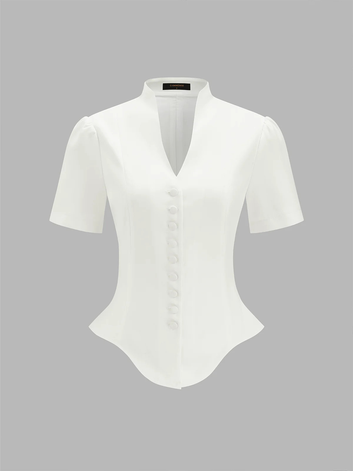 Stand Collar Button Front Asymmetrical Hem Blouse | Commense
