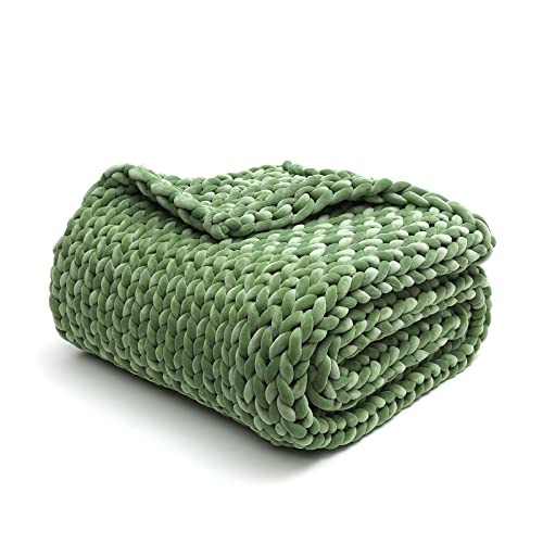 YnM Velvet Knitted Weighted Blanket, Hand Made Chunky Knit Weighted Throw for Sleep, Stress or Home Décor, Rest and Relax in Style Weighted Blankets (Avocado Green, 60''x80'' 20lbs) | Amazon (US)