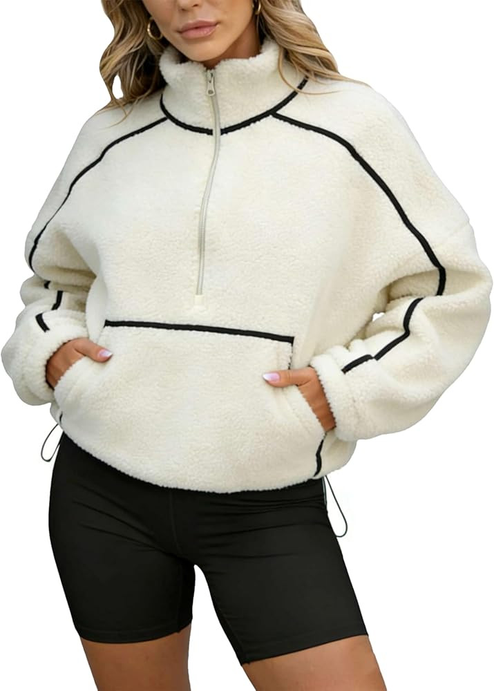 Women's Fleece Jacket Long Sleeve Half Zip Pullover Fuzzy Sherpa Sweatshirt Contrast Outerwear wi... | Amazon (US)